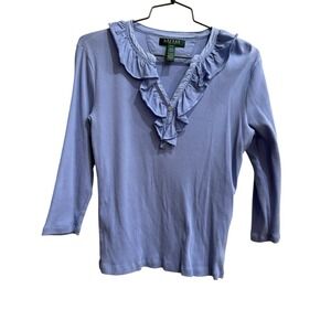 LAUREN RALPH LAUREN Women MP Blue Ribbed Henley 3/4 Sleeve Ruffle Cotton Top